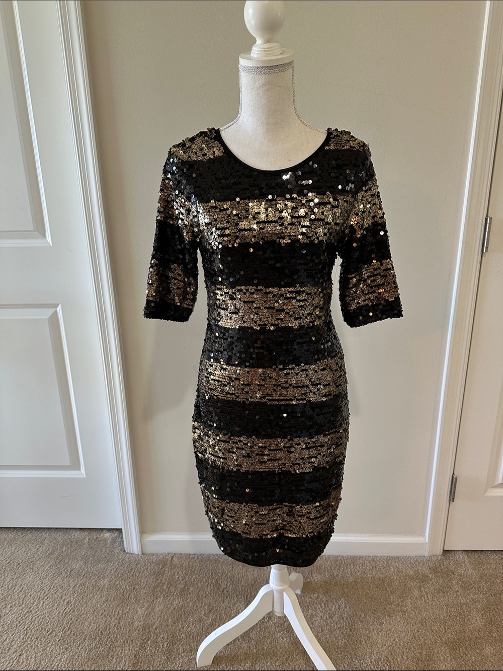 BCBGMaxAzria Black and Gold Sequin Striped Midi Dress